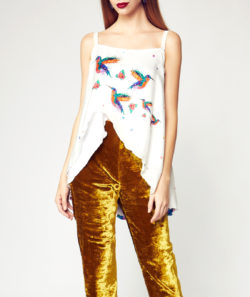 Asymmetrical Hi-Lo Pixel Bird Silk Tank