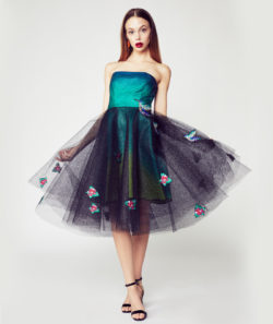 Green Ombre Mesh Dress with Custom Pixelated Hummingbird and Flower Embroidery