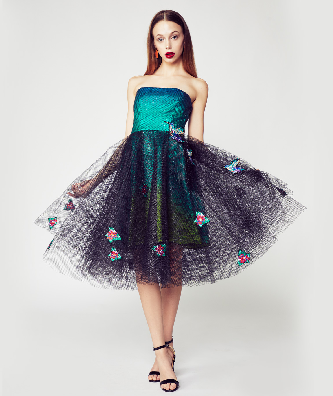 Green Ombre Mesh Dress with Custom Pixelated Hummingbird and