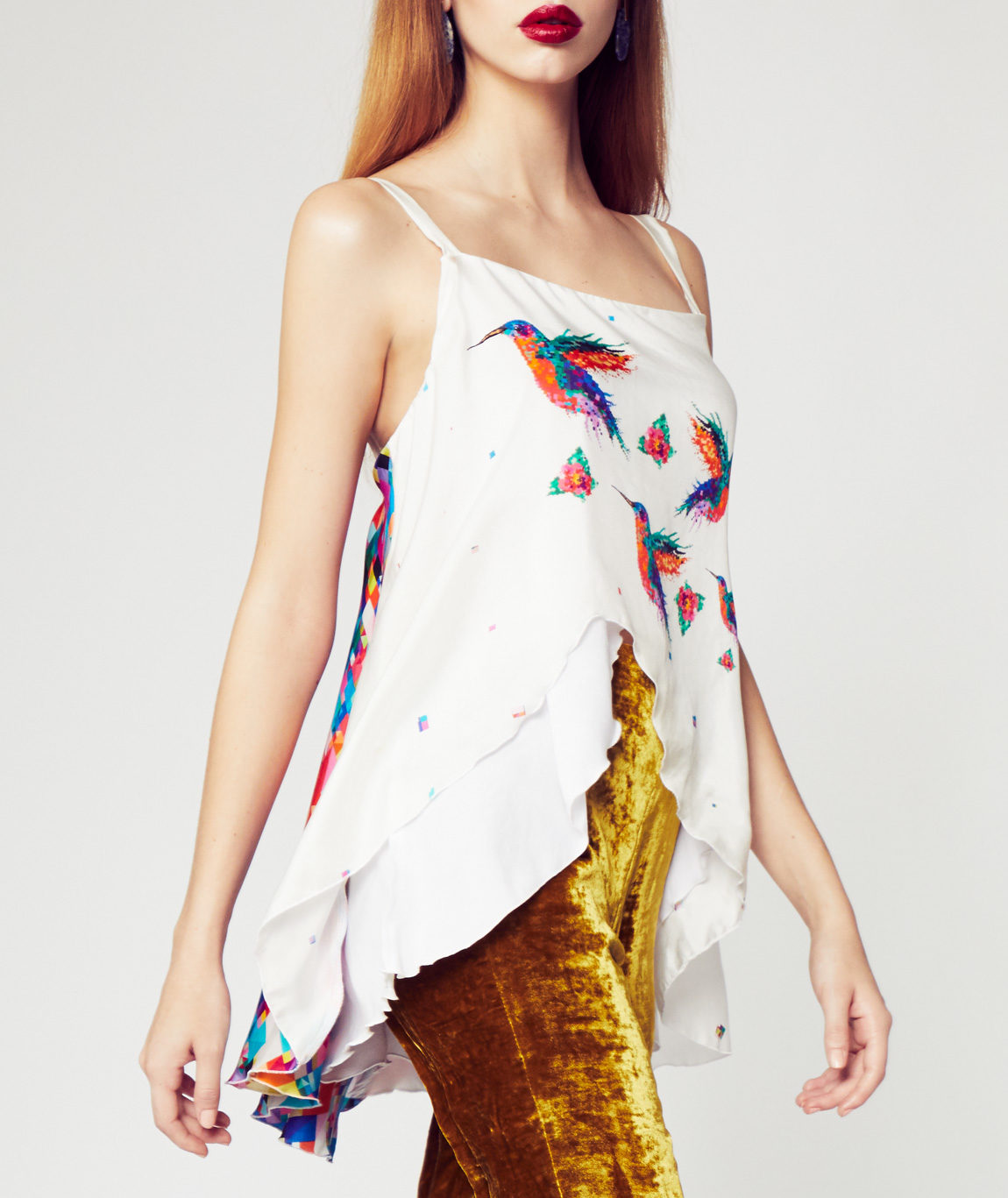 Asymmetrical Hi-Lo Pixel Bird Silk Tank - Image 2